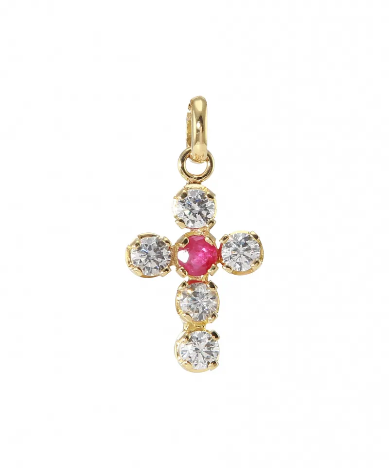 Pendentif Croix Or Jaune  Rubis et Oxyde