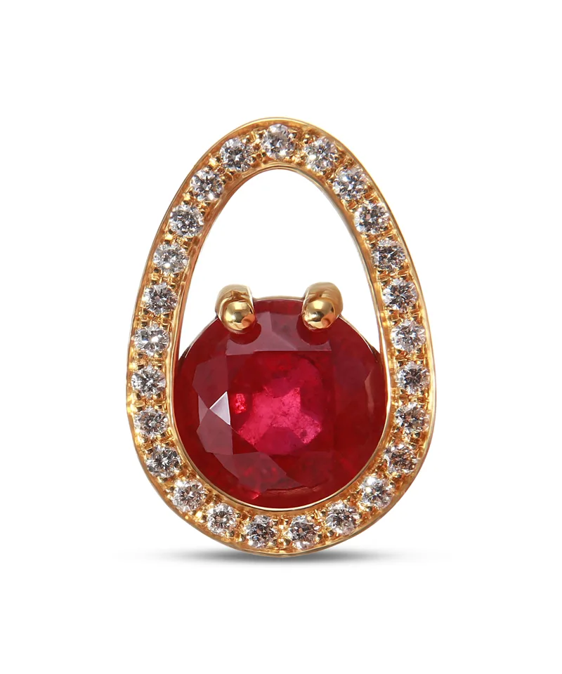 Pendentif Or Jaune Rubis Traite Rond 8.9mm et Diamants